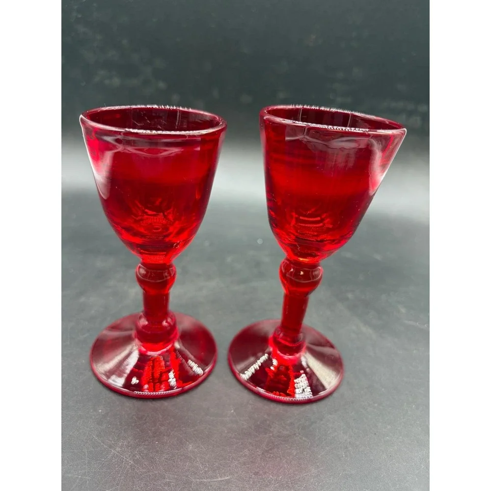 Vintage Ruby Red Glass Cordial Glasses Stemmed Liqueur Set of 2 Red 4.5 Inch